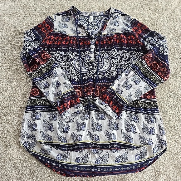 Roper Tops - Roper Women's Long Sleeve V-neck 1/2 Button-Up Tassel Paisley Boho Peasant Top L